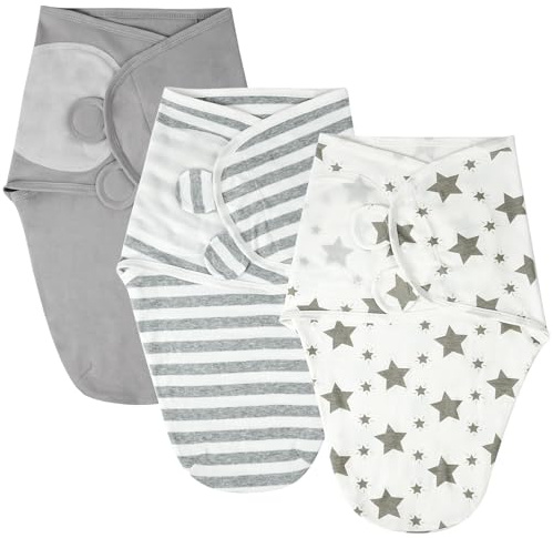 AYBUY Set med 3 swaddles för spädbarn, sömnväska för nyfödda för pojke flicka 0-3 månader, väsentliga ekologiska justerbara babysovsäckar, grå