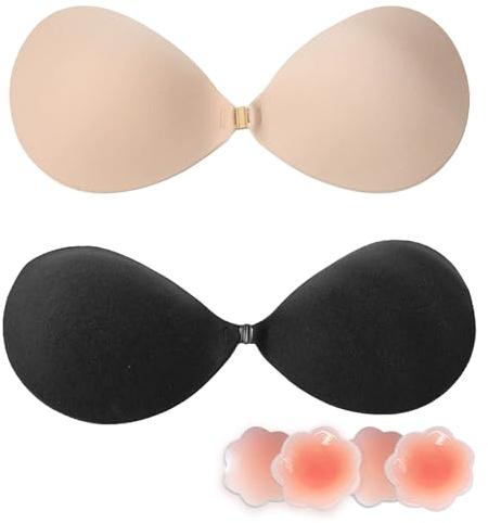 SSKHE Sujetador Adhesivo sin Tirantes 2 Juegos,4 Almohadillas para Pezones,Invisible Sin Espalda Silicona Bra, Reutilizable Sujetador Invisible Sin Espalda,Adecuado para Cualquier Conjunto