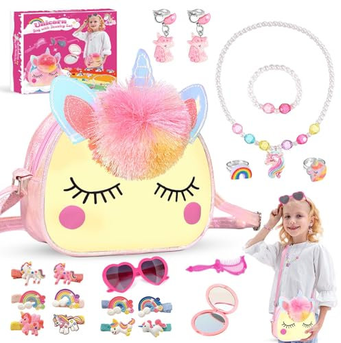 SASUKI Licorne Sac a Main Bijoux Enfants Fille, Bijoux Enfants Fille, Jouets licorne pour Filles, Sac Licorne Avec Ensemble de Bijoux, Cadeau pour Filles de 4 5 6 7 8 9 10 Ans