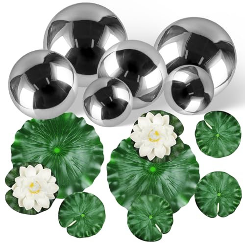 Lot de 12 boules flottantes pour mini étang, avec 6 boules de bassin flottantes en acier inoxydable, 2 nénuphars artificiels, 6 feuilles de lotus flottantes pour jardin, bassin, décoration, fontaine