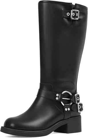 AMINUGAL Black Wide Calf Knee High Boots for Women Moto Buckle Size 9 | Square Toe Pull On Chunky Womens Tall Long Boots Rivet Vintage Y2K Riding Biker Motorcycle Casual Fashion Festival