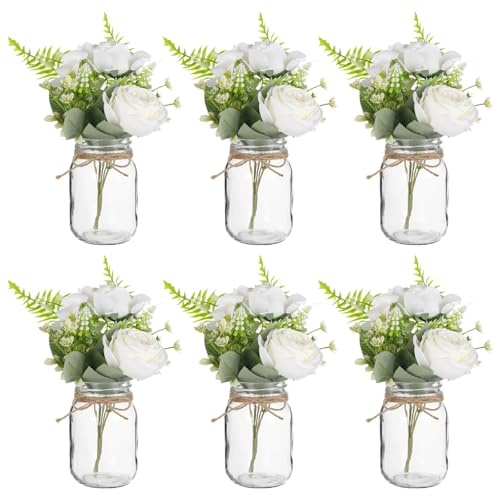 Set Of 6 Glass Mason Jar Flower Holders With Faux Roses, 20 M Twine, Lidded Design – Rustic Wedding, Party, And Indoor Decoration
