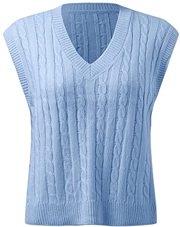 Donne Casual Stampa Senza Maniche Scollo A V A Costine Maglia Split Pullover Maglione Gilet Camicetta Maglione Maglia Gilet Donna, Blu, M