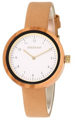 woodwear Damen Holzuhr – Ultraleicht & elegant – nachhaltiges Holzgehäuse mit Echtlederarmband – Modell White Dawn, Blue Haze, Desert Bloom (Beige, Braun)