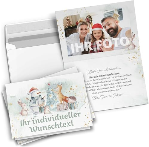 Weihnachtskarten mit Umschlag 20 Stück | personalisiert mit Text & Foto | Weihnachtskarte selbst gestalten | Premium Grußkarten Set Weihnachten | Vintage Modern – Niedliche Tiere