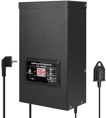 COOLWEST 120W Transformateur 220V 12V AC avec Capteur de Lumière, Alimentation 10A Extérieur avec Fiche, Transfo LED avec Minuterie pour Eclairage de Jardin, Halogène MR16 GU5.3, Eclairage de Piscine