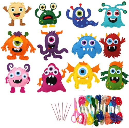 BaiDekun 12-teiliges Nähset Kinder – Bastelset mit Monster-Filz, Garn & Füllwatte – basteln & diy ab 4 5 6 7 8 Jahre – Kreatives basteln kinder Geschenk für Jungen Mädchen