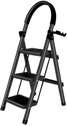 Escabeau Pliable 3 Marches avec Plateau à Outils et Mains Courantes, pour Maison Cuisine Garde-Manger Placards Bureau, Échelle Marche Pied Pliante 3-Level pour Intérieur Extérieur (Noir)