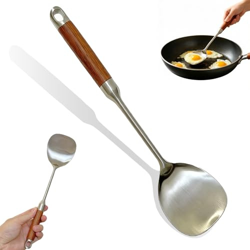 Stekspade rostfritt stål, hållbar spatel, wokspatel med värmebeständigt trähandtag för ägg, pannkakor, omelett, hamburgare (silver 1)