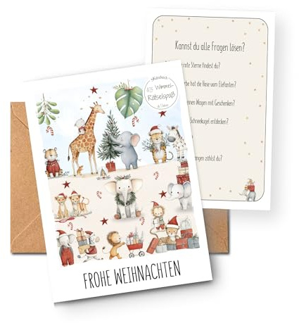 3Käsehoch Weihnachtskarte Kinder Safari Tiere – interaktive Rätsel- & Wimmelkarte mit Rubbel-Feld – kreative Beschäftigung im Advent – Geschenkidee für Nikolaus & Weihnachten