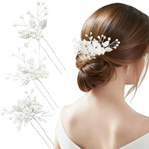 3 Hårnålar med Pärlblommor | Eleganta Bröllopshårnålar | Håraccessoarer med Strass för Kvinnor och Flickor Bröllop Fest Vardag (Silver)