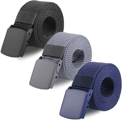Zourglow Cnturones de Nylon Hombre, 3 Piezas Ajustable Cinturón Táctico con Hebilla Plástico, Cinturón Transpirable Táctico para Trabajo Diario (Negro + Azul + Gris claro)