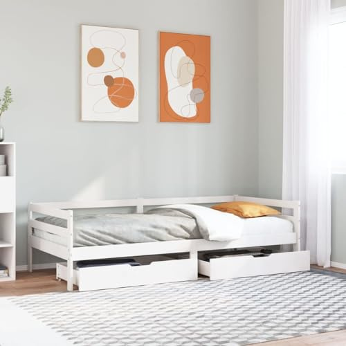 QJBSAVVA Tagesbett Kiefer Massivholz 90x200 Weiß mit 2 Schubladen Rollen Stauraum Jugendbett Gästebett Schlafsofa für Schlafzimmer Wohnzimmer