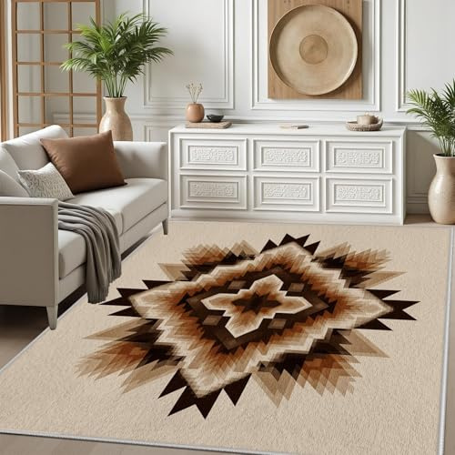 AUWUUA Aztec Navajo matta för vardagsrum, 150 x 210 cm, sydvästra retrostil, etnisk stam, halkfri och tvättbar, perfekt för sovrum, matsal eller vilket utrymme som helst. Brun
