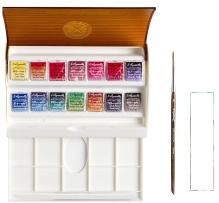 Sennelier Boîte de Peinture Aquarelle Extra-Fines,14 Demi-Godets. Boîte en métal. avec Pinceau et 1 Carte