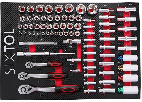 SIXTOL Plateau d'outils pour mécanicien 6 | Module d'outils 80 pièces | Cliquets, Douilles et rallonges | Semelle EVA pour Chariot d'atelier