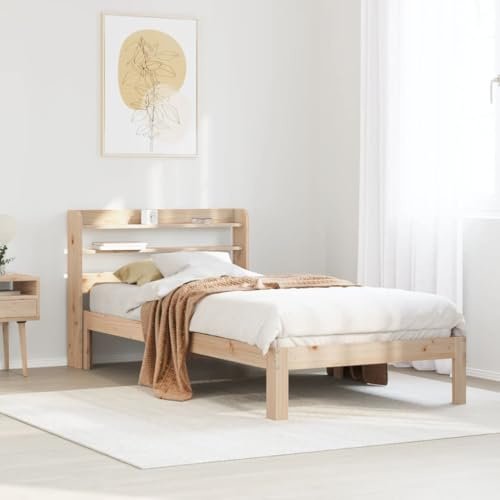 Bucmath Bettgestell Kiefer Massivholz 90x200 cm, Einzelbett mit Kopfteil Ablagen, Sperrholzlatten Rost, Schlafzimmer Möbel, Jugendbett, Robustes Holzbett, Modernes Design