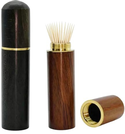 Elenviorina 2 Pack Wooden Toothpick Holder, Portable Travel Toothpick Case with Screw Cap, Small Pocket Tooth Pick Box for Outdoor, Car, Office & Home Storage