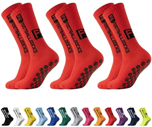 AYEUPZ - Calcetín antideslizante para fútbol, 3 pares de calcetines deportivos antideslizantes, para hombre y mujer, talla 39-46, para fútbol, rugby, baloncesto, yoga, senderismo (rojo)