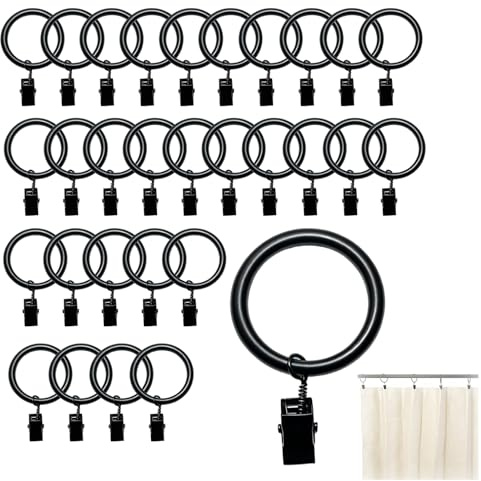 30 Piezas Anillas para Cortinas con Pinzas, Argollas para Cortinas 35 mm de Metal de Ventana, Anillas Pinzas Cortina con Clips Antideslizantes para Ducha Dormitorio Salón Armario y Oficina Color Negro