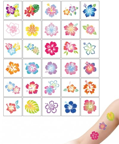 BTACGWP 30 Tatouages temporaires pailletés, Tatouages de fleurs hawaïennes d'été, Tatouage ephemere femme enfant, Hawai Tropical Theme Decorations
