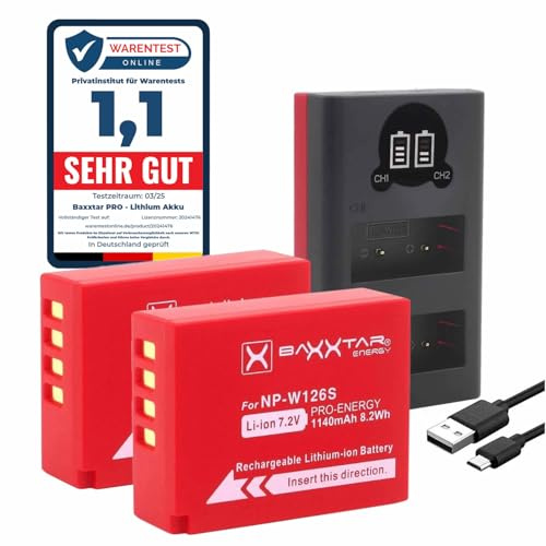 Baxxtar Pro 2X Akku NP-W126s (1140 mAh) + Mini Dual-Ladegerät LCD USB-C – Ersatz für Fujifilm X100F X100V X100VI X-T30 X-T50 X-S10 X-M5 X-E3 X-H1 X-T100 X-T200 – Akku-Set | Kompatibel mit Fujifilm FinePix X-M5 X-M1 X100F X100V X-T20 X-H1 XT3 XT100 XT200 XPRO3 XA3 XA5