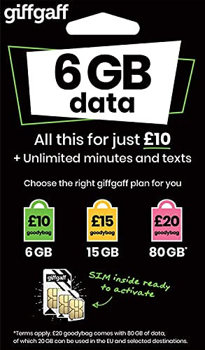 Giffgaff Carte SIM 5 £ Bonus, Multi Size Standard Micro Nano. £5 bonus crédits ajoutés, tablettes, Android & GPS Tracker