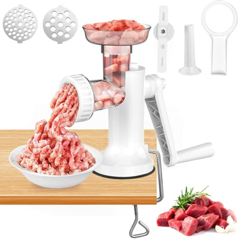 LHS Manual Meat Grinder, Heavy Duty Meat Mincer Sausage Stuffer, 3-in-1 Hand Grinder with Stainless Steel Blades for Meat, Sausage, Cookies, Easy to Clean