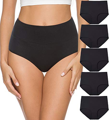 Wealurre Women High Waist Cotton Knickers C Section Underwear Ladies Full Coverage Briefs Tummy Control Panties Underpants Multipack 5 (1002 Black,S)