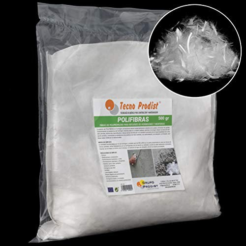 POLIFIBRAS de Tecno Prodist, fibras 12 mm para hormigón, mortero o yeso - Polipropileno (Pp) - Refuerzo y resistencia, evita la fisuración - rápida y homogénea dispersión de la mezcla (1 Bolsa 500 gr)