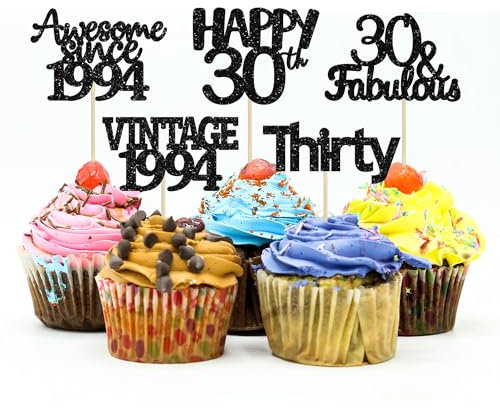 Gyufise 30Pcs Black Glitter Vintage 1995 Cupcake Toppers Awesome Since 1995 Cake Decorations Cheers to 30 Fabulous Thirty Cupcake Picks 30th Birthday Wedding Anniversary Party Cake Decorations