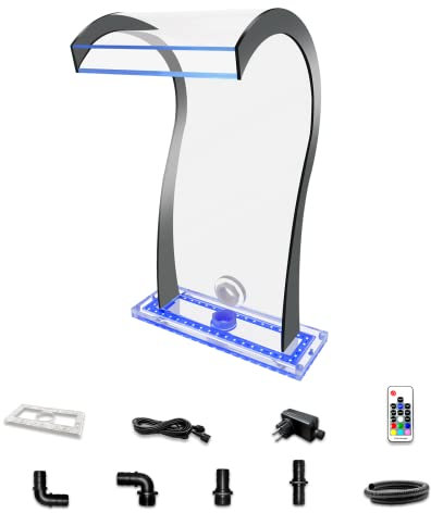 Longrun Waterfall Pool Fountain, Pond Waterfall Cascade, Acryrlic Waterfall Spillway Blade with LED Light, Complete Waterfall & Stream Kit for Swimming Pool Garden Water Features-24.5x52x33cm