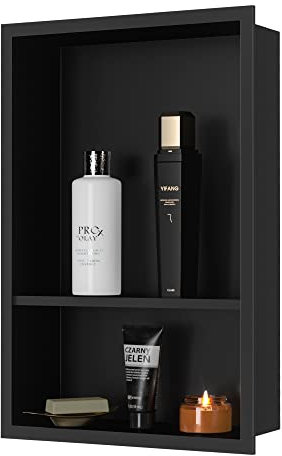 Qeke Stainless Steel Shower Niche 12 X 18, No Tile Needed Wall Niche Double Shelves, Recessed Shower Shelf for Bathroom Storage, Matte Black