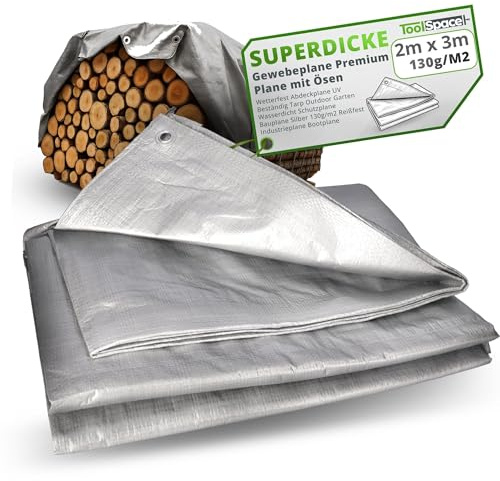 ToolSpace Bâche De Protection Imperméable Argentée 2 X 3 M 130G/M² Polyéthylène Tissé avec Œillets Métalliques Bords Renforcés Jardin Chantier Camping Bateau Remorque Bois Stockage Extérieur Terrasse