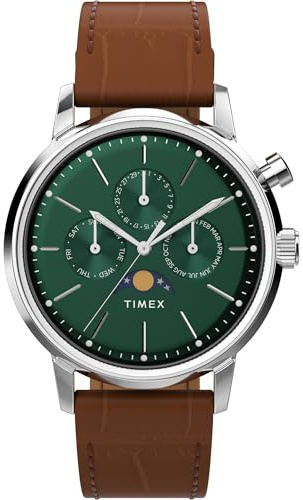 Timex Orologio da Uomo Marlin 40 mm, cinturino a sgancio rapido in Due pezzi in Pelle Marrone, quadrante Verde, cassa in Acciaio INOX TW2W51000