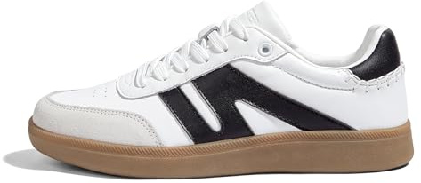 LUCKY STEP Women Classic Retro Gum Sole Fashion Sneakers Casual Tennis Skate Shoe Genuine Leather Walking Footwear Anti Slip Trainers (White/Black, 8.5US-39EU-6UK)