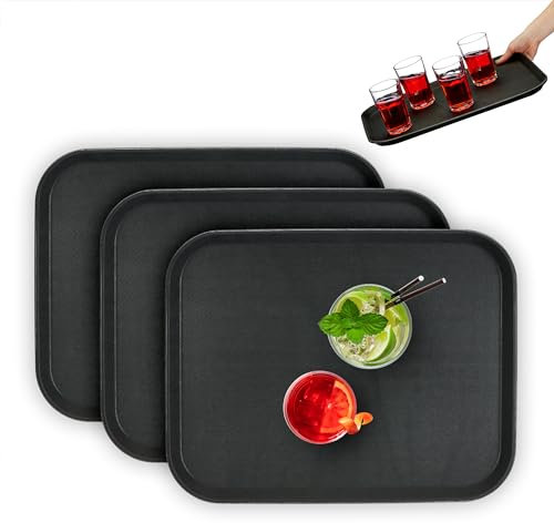 Relaxdays Vassoio Antiscivolo, Set da 3, 46 x 35 cm, da Portata, per Servizio Ristorante, Bar, Cucina e Casa, Nero, Gomma