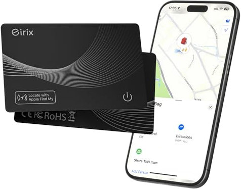 eirix Wallet Tracker Card, Rechargeable Thin Finder, Works with Apple Find My (iOS Only), Item Locator for Luggage Tags, Passports, Phone (Black, 1 Pack)