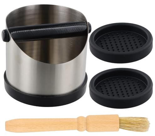 Knock Container, 580 ml Stainless Steel Coffee Knock Box, Silver Coffee Grounds Knock Box, Coffee Container Accessory for Portafilter, Comes with Cleaning Brush and Anti-Slip Mat