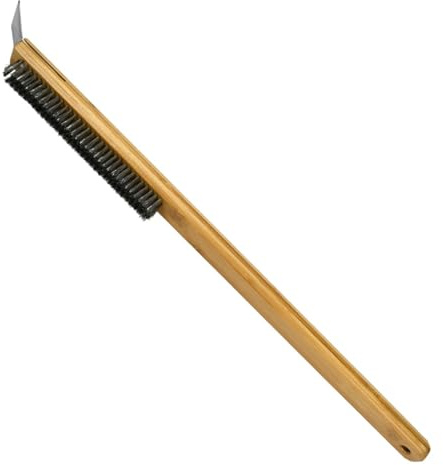 Cepillo de pizza con mango de madera natural con cerdas flexibles y raspador para una limpieza eficiente de cocinas y parrillas al aire libre, cepillo de limpieza de hornos
