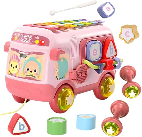 Hojalis Musical Sensory Bus Toy with Xylophone & Shape Sorter, Bus Shaped Toy Xylophone for Kids, Pull Along Early Educational Toy for 1-3 Year Olds, Christmas Birthday Gifts for Boys Girls (Pink)