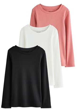 NEXT Fille Hauts côtelés à Manches Longues, Lot de 3 Black/Pink/White 7 Ans