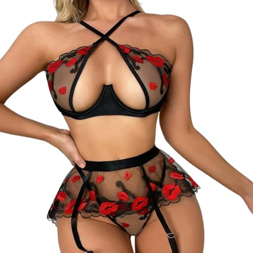 Gatamiau Conjunto de Lencería de Mujer Babydoll Ropa Interior 3 Piezas con Sujetador Bragas Labios Lencería Set Push Up Lingerie Set Transparente Valentín Clubwear
