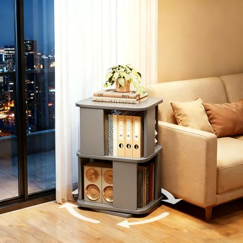 FUKEFUZ Librería Giratoria 360° de Madera Maciza, Estantería pie Tipo Torre para Libros y Discos, Organizador de Esquina con Bordes Redondeados para Salón, Oficina y Dormitorio(Gray,2-Tier)