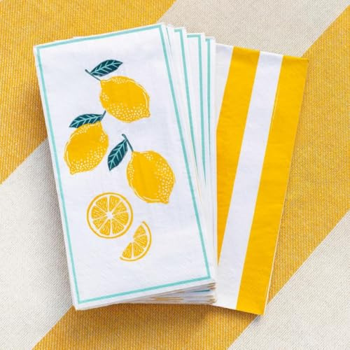 Talking Tables Lot de 16 serviettes en papier jetables longues de qualité supérieure - Motif à rayures jaunes - Pour invités - Serviettes double face pour découpage pour fêtes en plein air, jardin