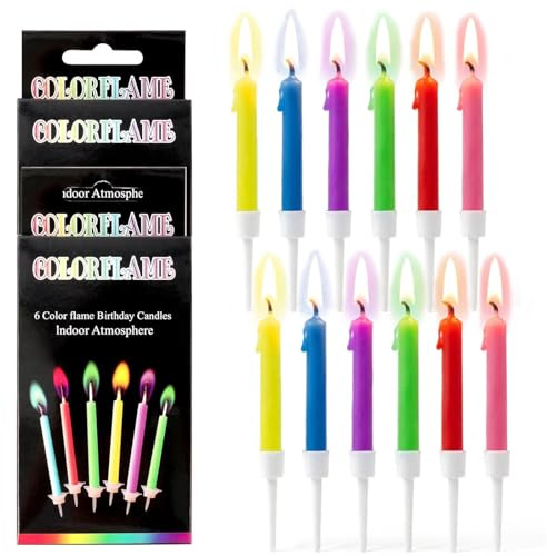 Partykerzen mit Bunter Flamme, 12Pcs Geburtstagskerzen mit Kunststoffsockel | Magische Tortenkerzen für Kindergeburtstage und Feiern