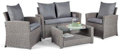 VonHaus Garden Sofa Set, Grey Rattan Effect 4 Seater, Bali