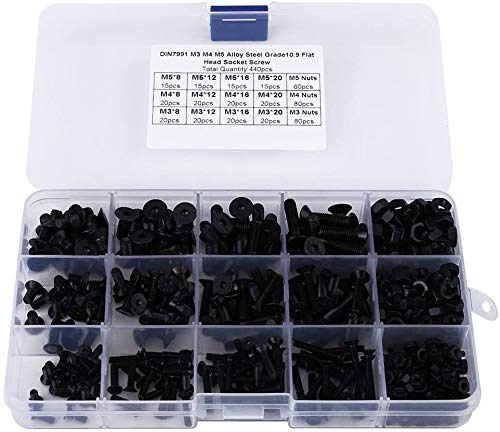 DollaTek 440pcs M3 M4 M5 Knopf Kopf Sechskantschraube Schrauben Schrauben Muttern Sortiment Kit mit Box, 10,9 Grad Legierung Stahl, Black Oxide Finish
