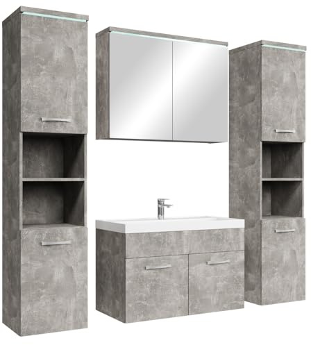 Badplaats Badmöbel Komplettset Paso XL LED 80 x 40 cm Beton Grau - Badezimmermöbel mit Waschbecken, Spiegelschrank und 2 Badezimmerschränke