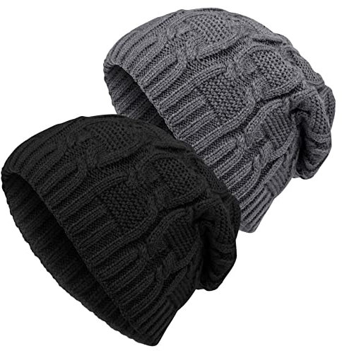 YSense Beau Beanie Hat Black and White, 2 Pack Women Winter Knitted Double Layer Lovely Bobble Hats with Faux Pompom - Black/White Beanie hat - One Size (Black+White)